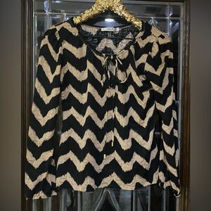 Black Tan Chevron Tie Neck Long Sleeve Top Women’s Size Small Sheer Lightweight
